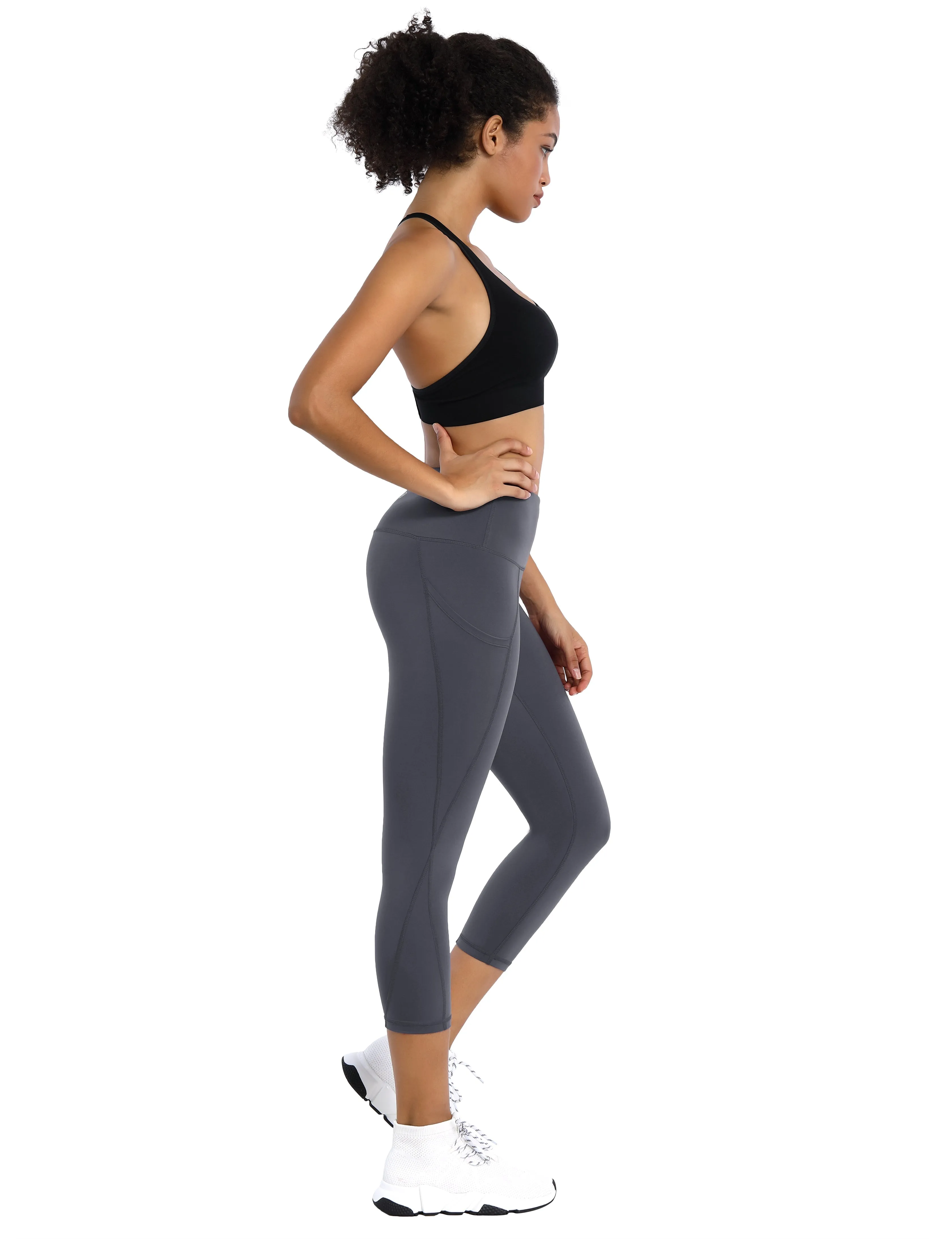 19" High Waist Side Pockets Capris shadowcharcoal_yoga