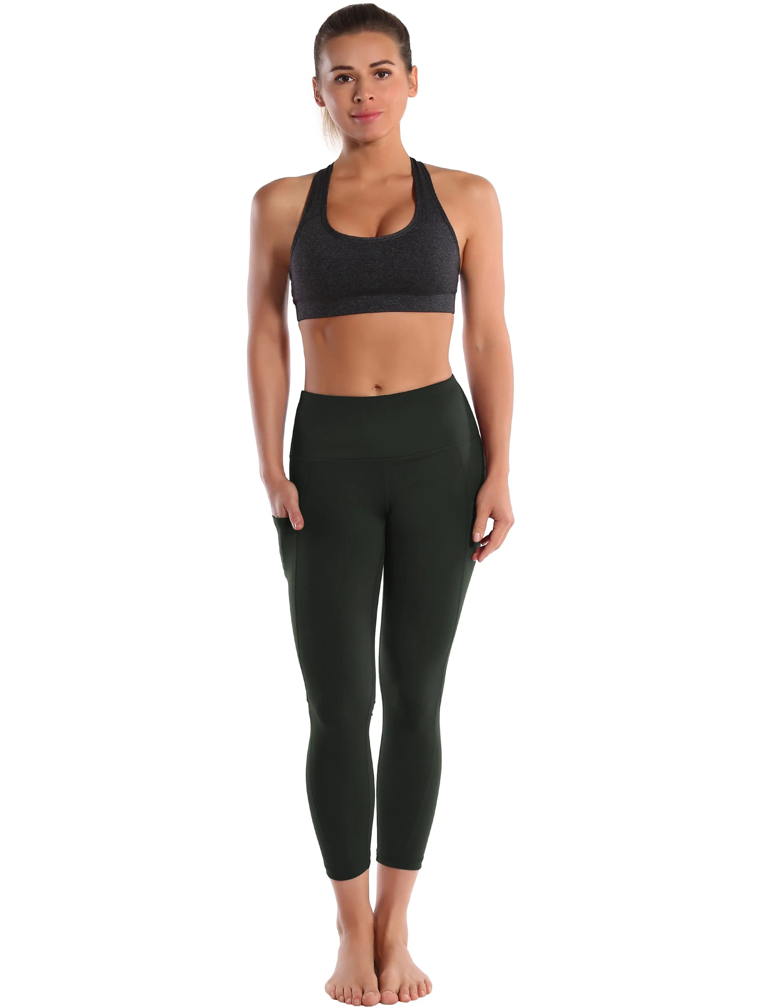 22" High Waist Side Pockets Capris olivegray_yoga