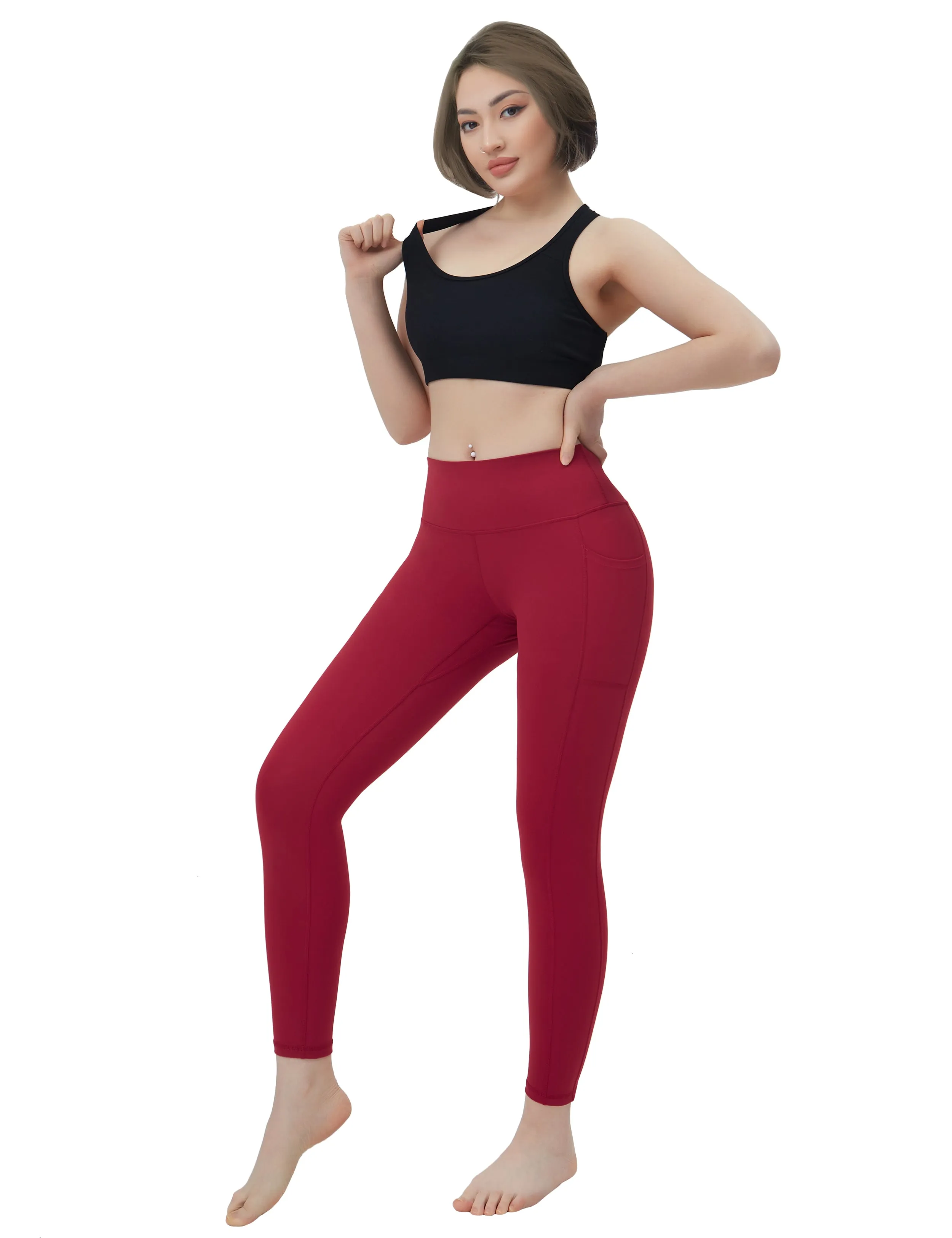 High Waisted Golf Pants 7/8 Length Leggings with Pockets red_Golf