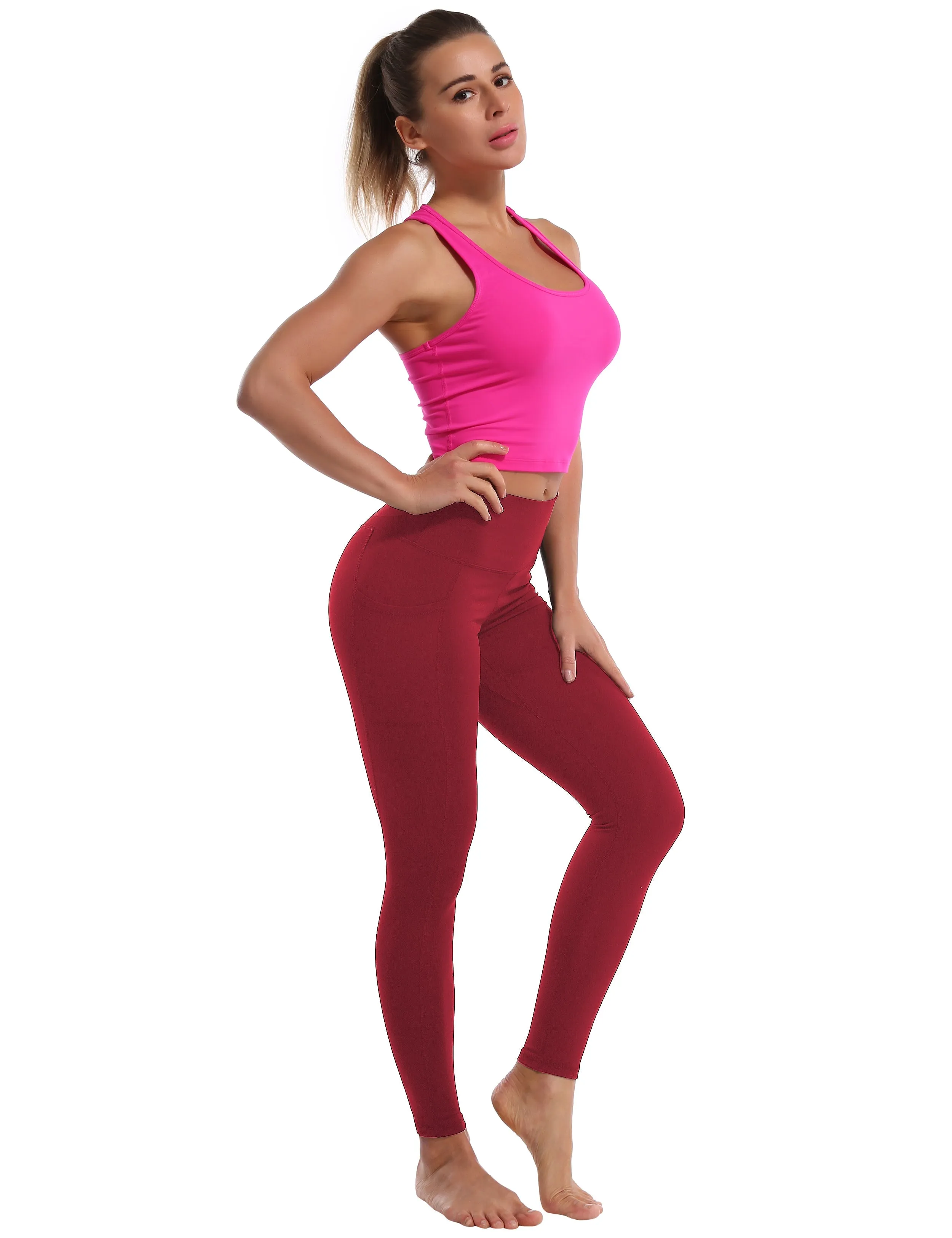 High Waisted Golf Pants 7/8 Length Leggings with Pockets red_Golf