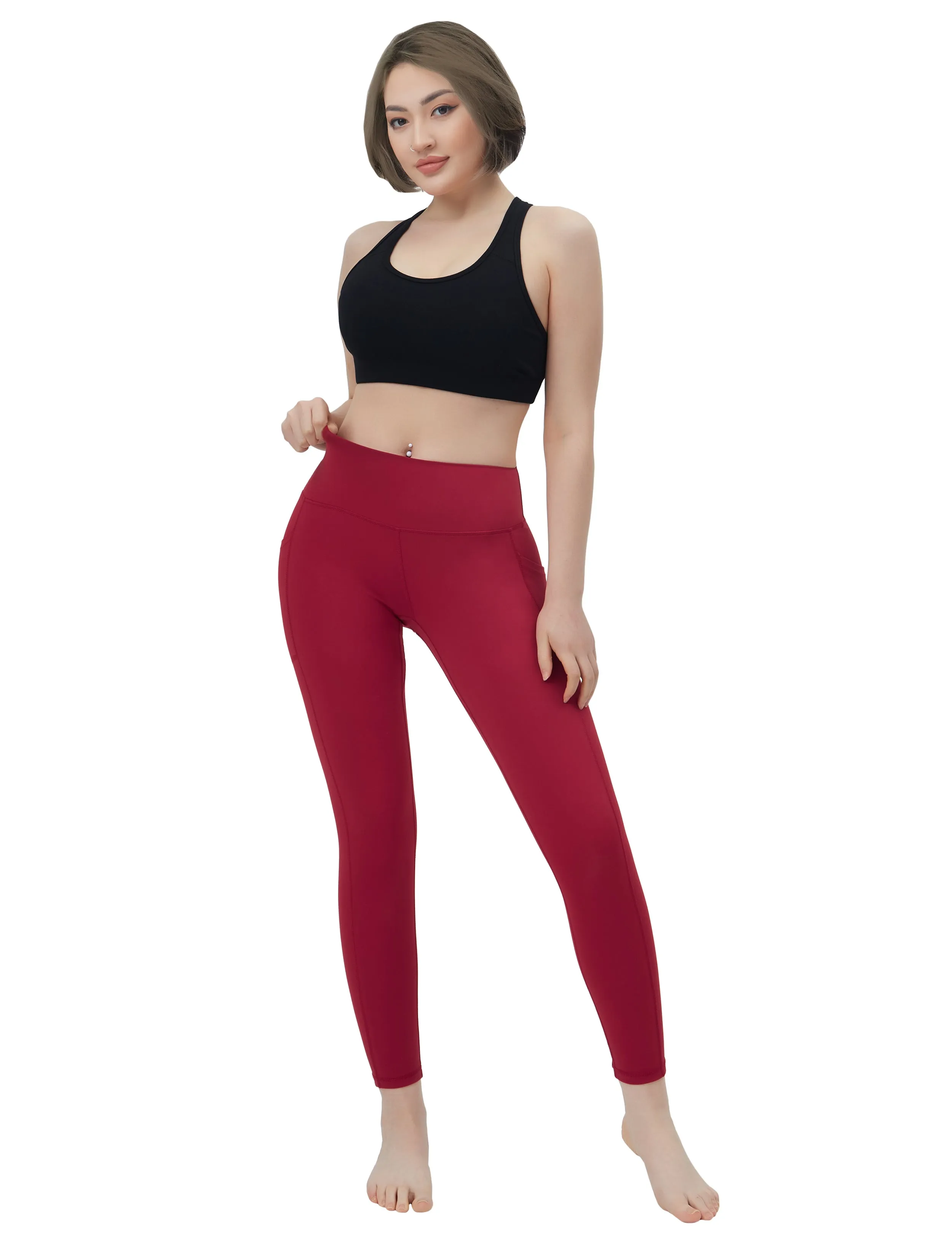 High Waisted Golf Pants 7/8 Length Leggings with Pockets red_Golf