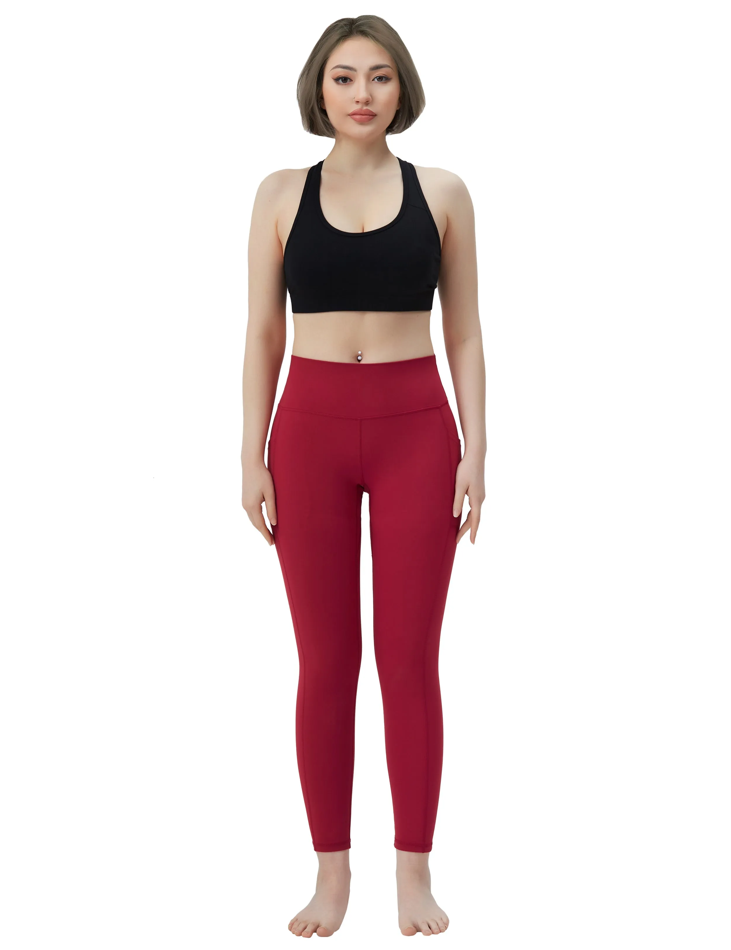 High Waisted Golf Pants 7/8 Length Leggings with Pockets red_Golf