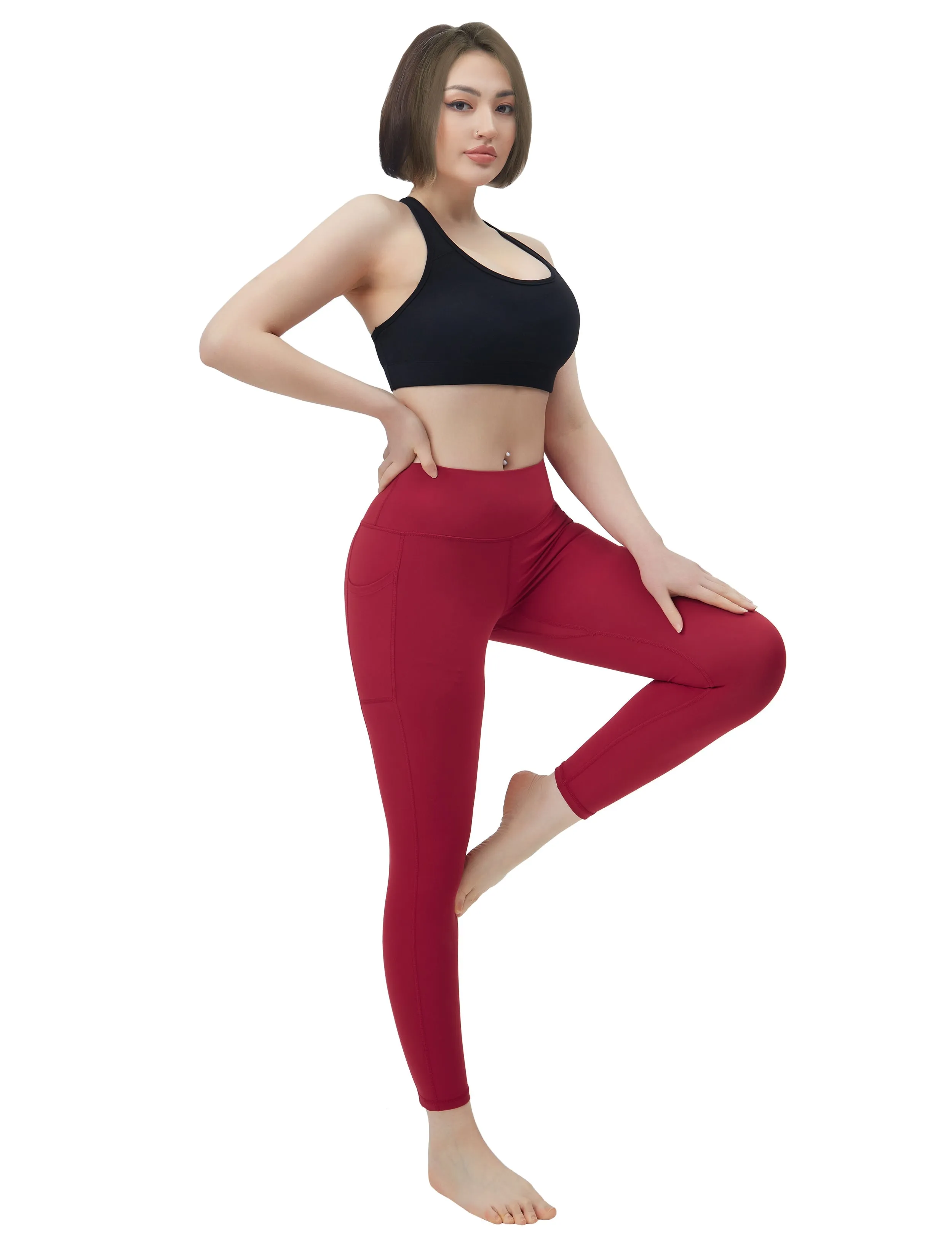 High Waisted Golf Pants 7/8 Length Leggings with Pockets red_Golf