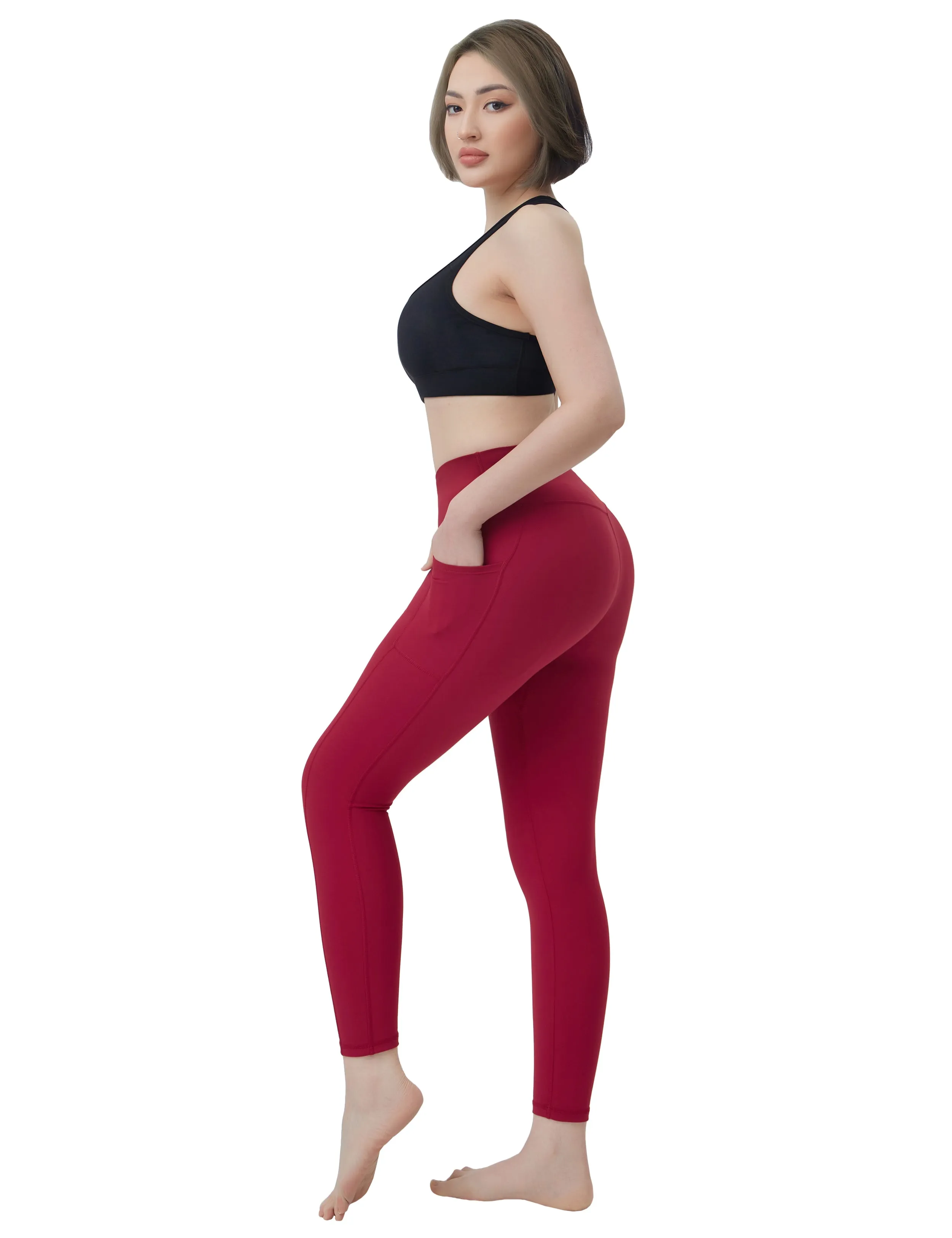 High Waisted Golf Pants 7/8 Length Leggings with Pockets red_Golf