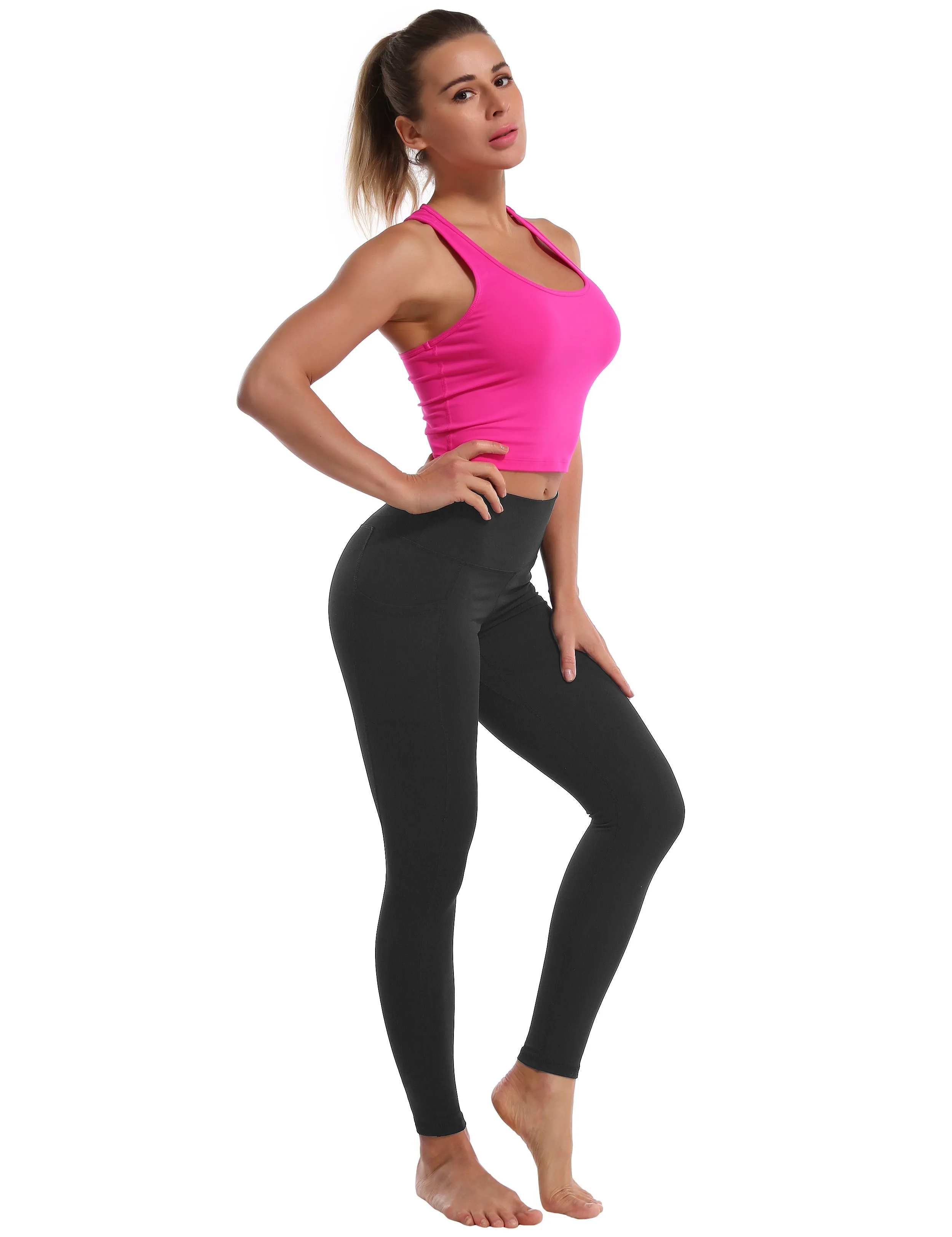 High Waisted Yoga Pants 7/8 Length Leggings with Pockets charcoalgrey_yoga
