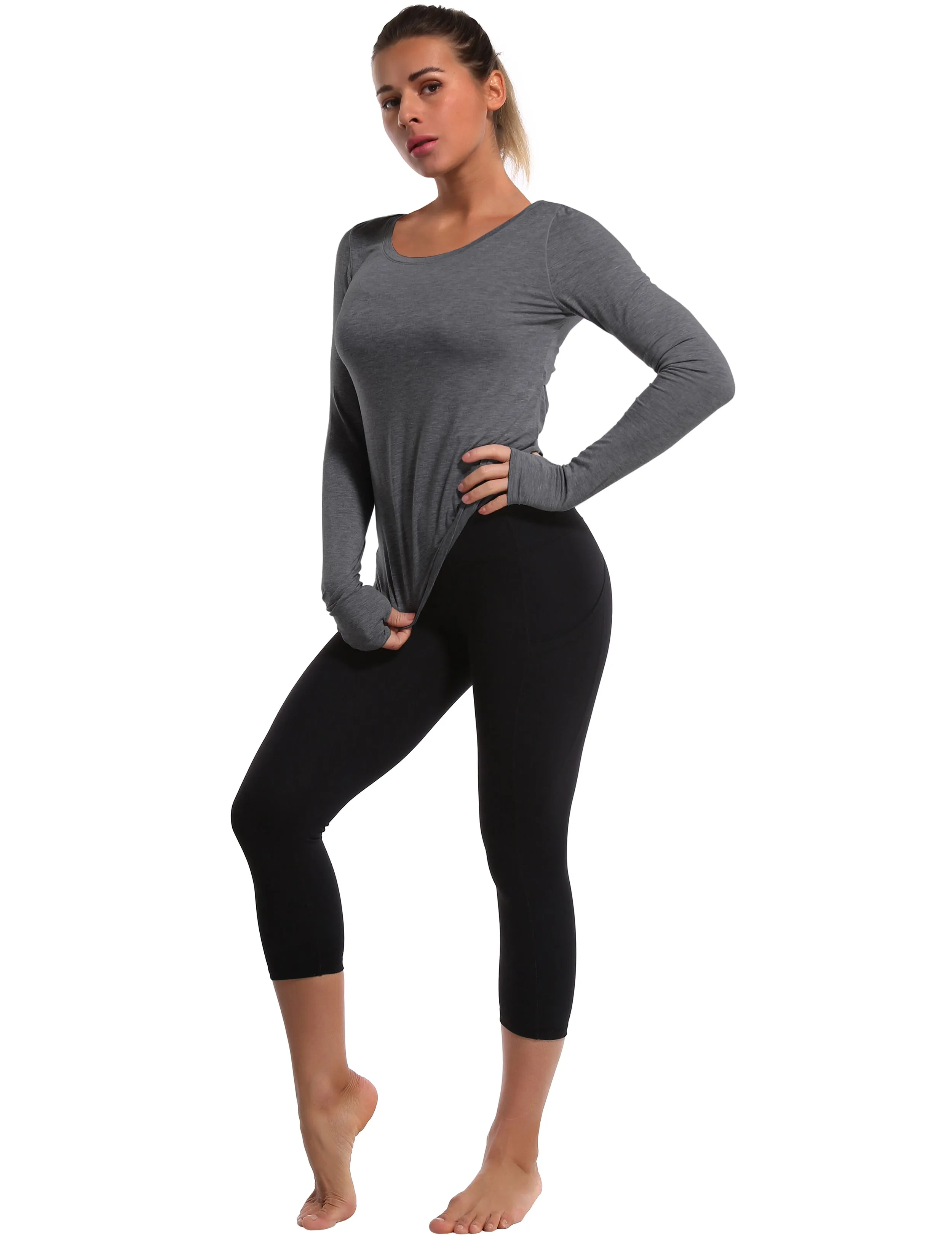 Open Back Long Sleeve Tops heathercharcoal_yoga