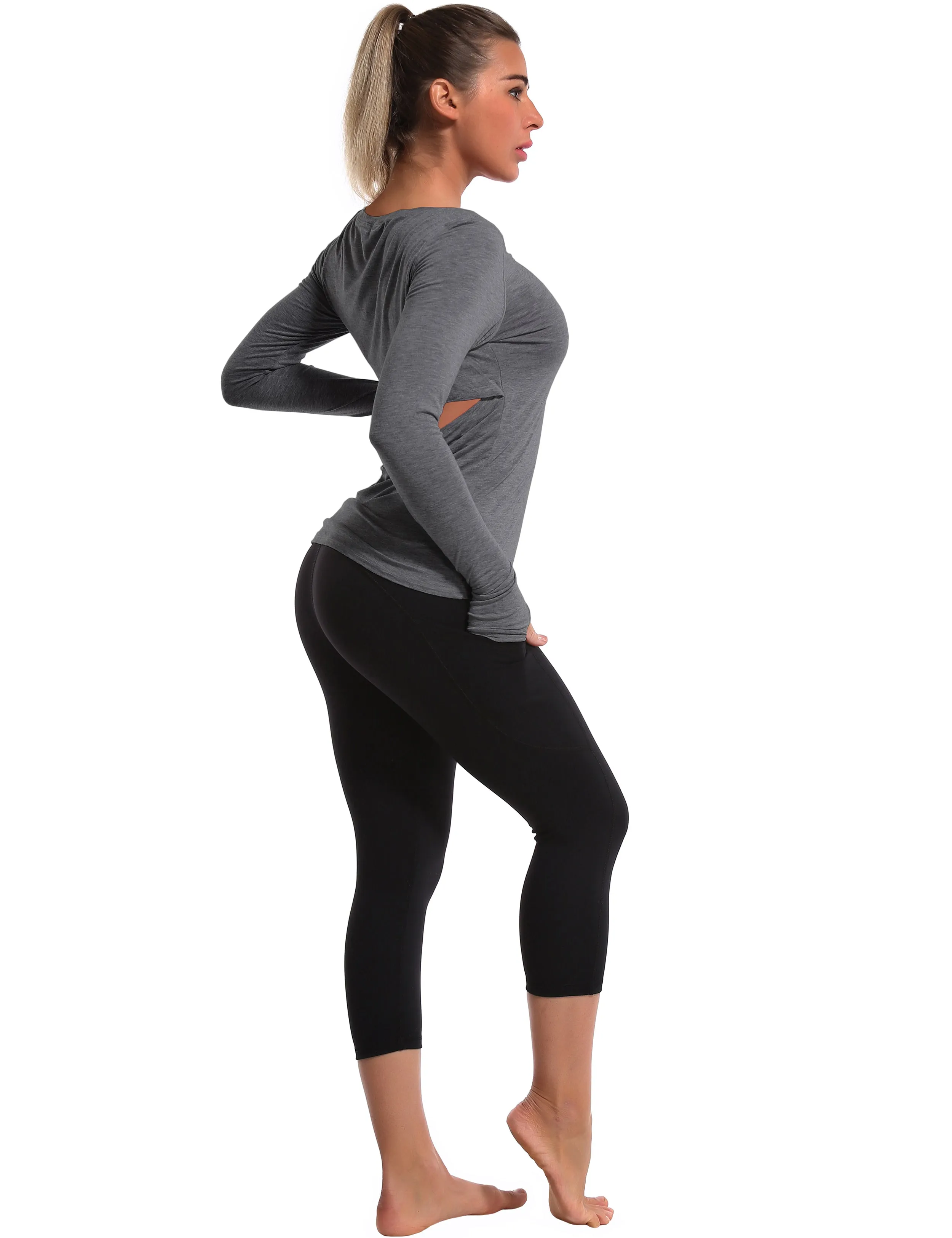 Open Back Long Sleeve Tops heathercharcoal_yoga