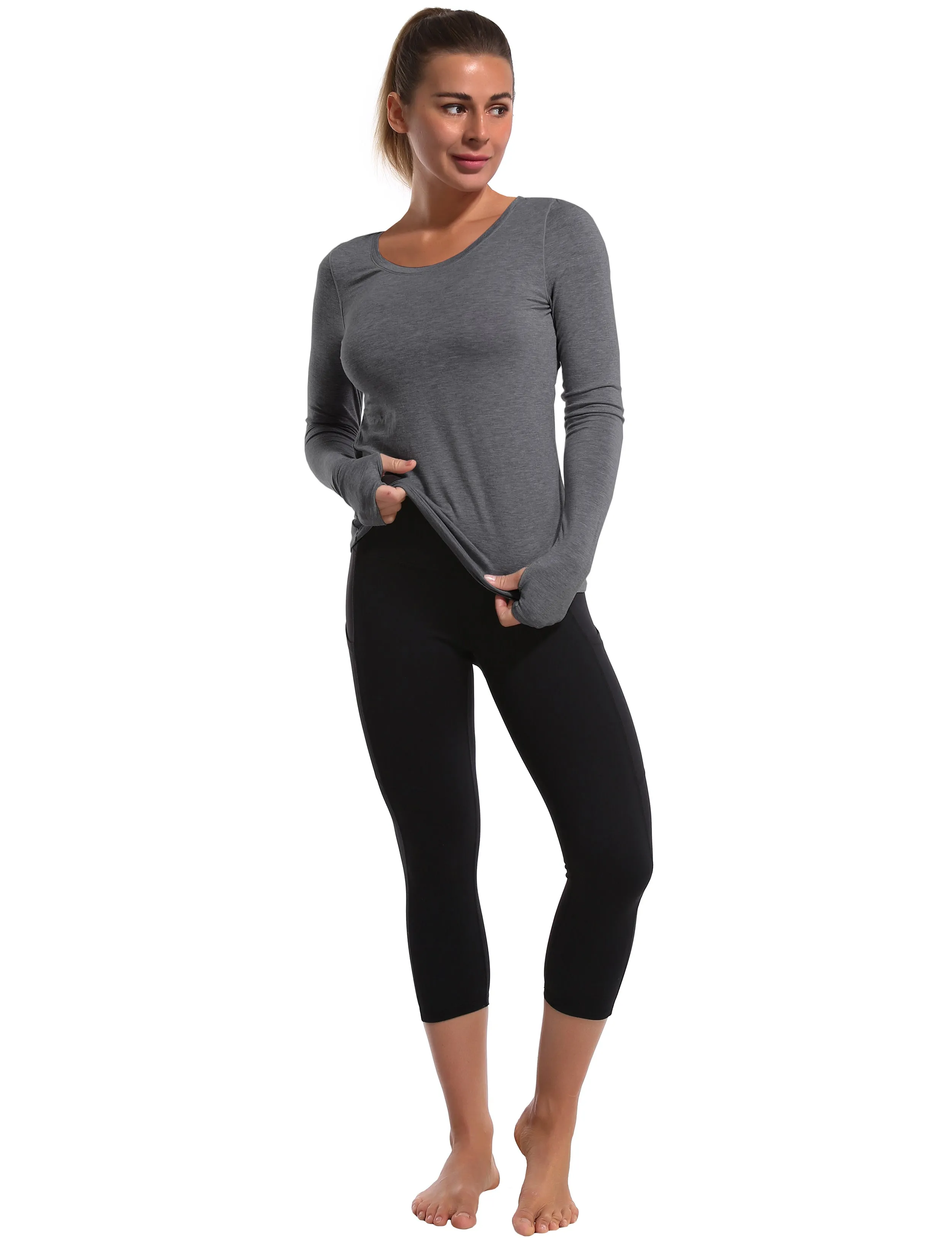 Open Back Long Sleeve Tops heathercharcoal_yoga