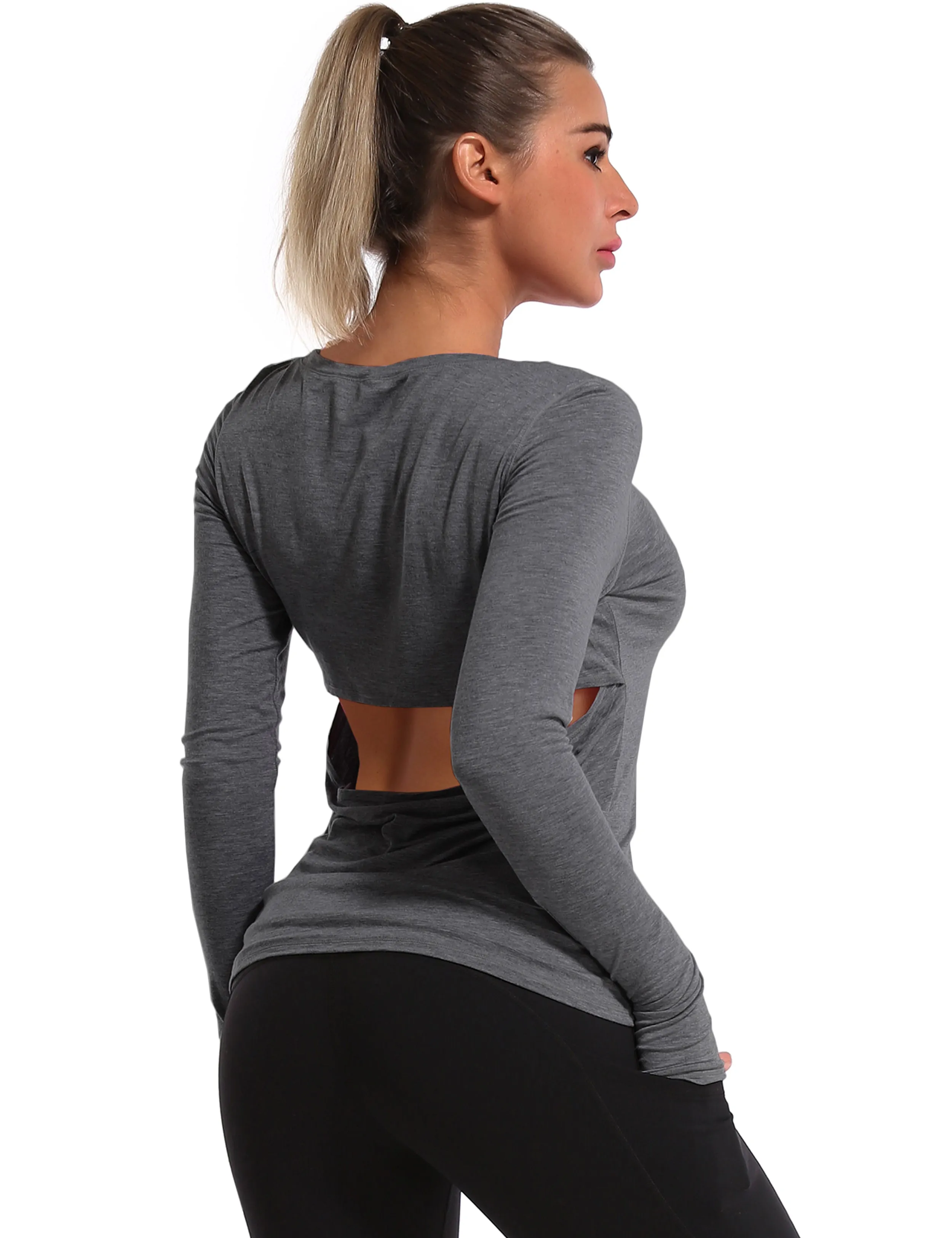 Open Back Long Sleeve Tops heathercharcoal_yoga