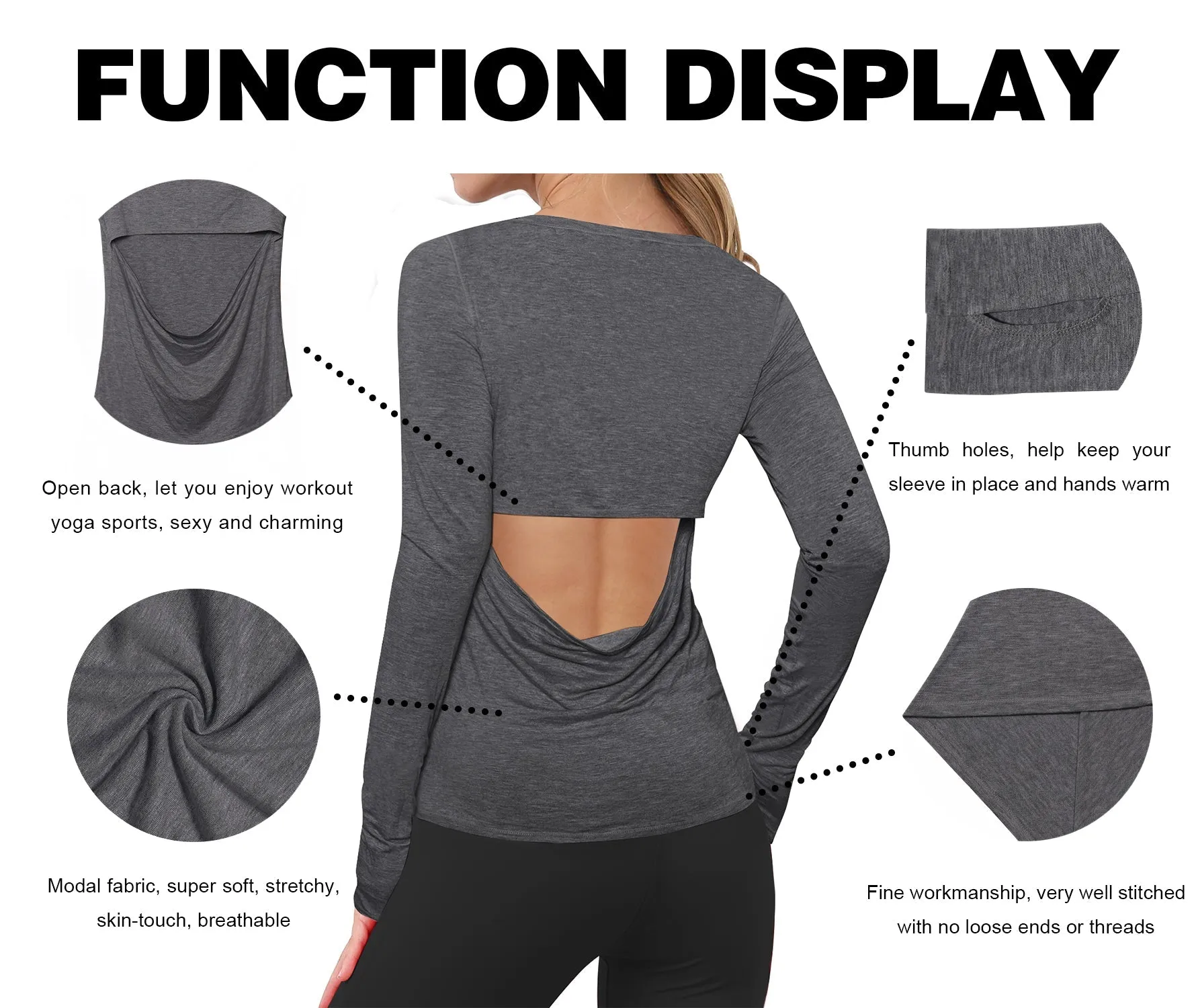 Open Back Long Sleeve Tops heathercharcoal_yoga