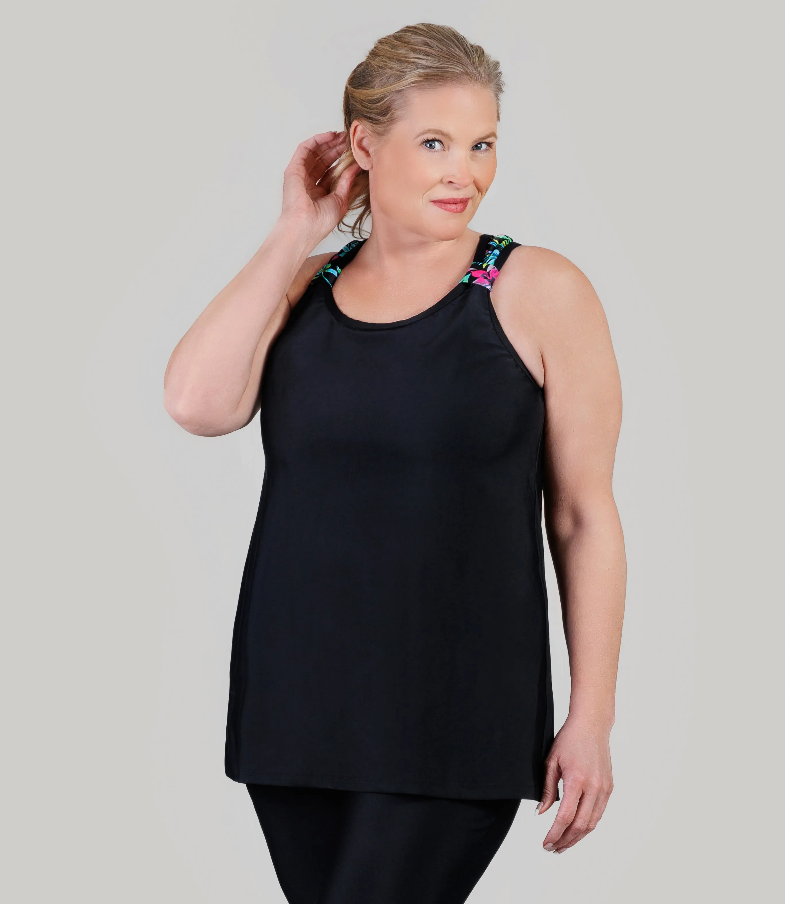 QuikEnergy Kona Tankini Top Night Lilies Print Black