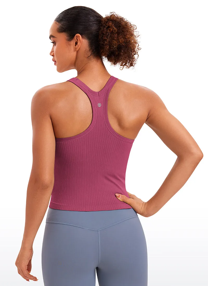 Seamless Ribbed Waist Length Racerback Built in Bra Tanks