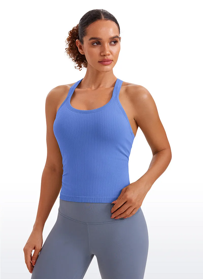 Seamless Ribbed Waist Length Racerback Built in Bra Tanks