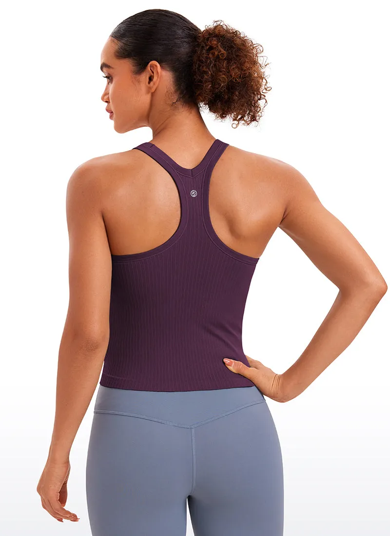 Seamless Ribbed Waist Length Racerback Built in Bra Tanks