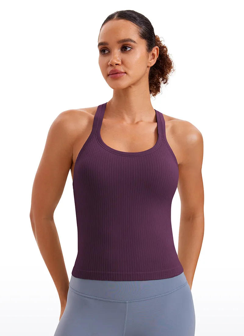Seamless Ribbed Waist Length Racerback Built in Bra Tanks