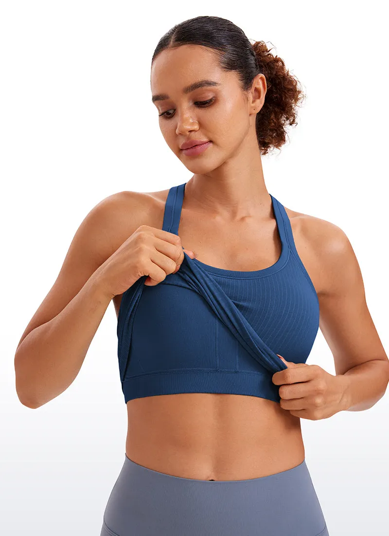Seamless Ribbed Waist Length Racerback Built in Bra Tanks