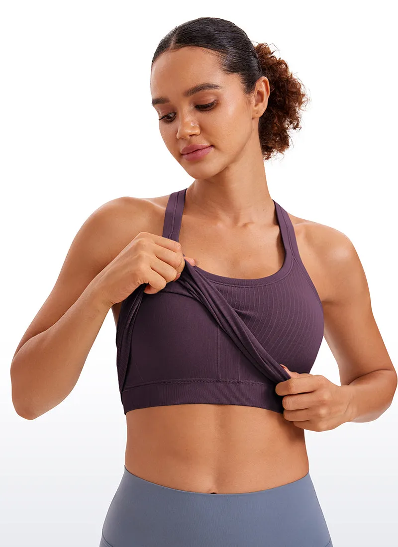 Seamless Ribbed Waist Length Racerback Built in Bra Tanks