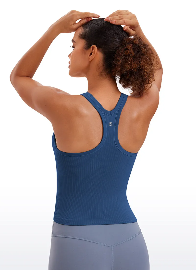 Seamless Ribbed Waist Length Racerback Built in Bra Tanks