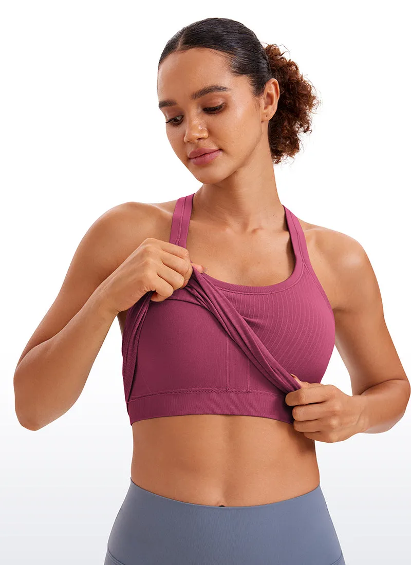 Seamless Ribbed Waist Length Racerback Built in Bra Tanks