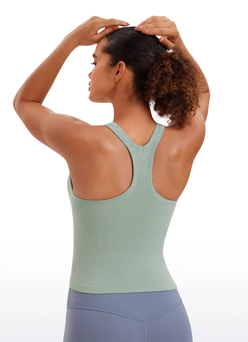Seamless Ribbed Waist Length Racerback Built in Bra Tanks