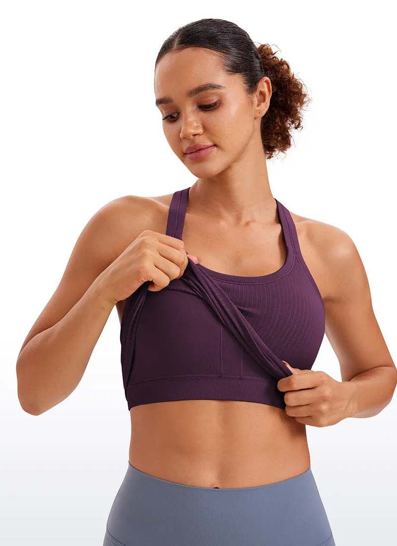 Seamless Ribbed Waist Length Racerback Built in Bra Tanks