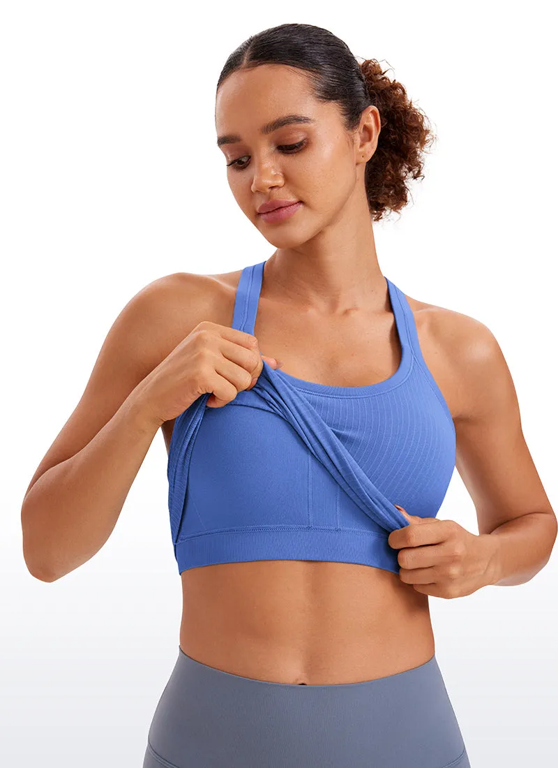 Seamless Ribbed Waist Length Racerback Built in Bra Tanks