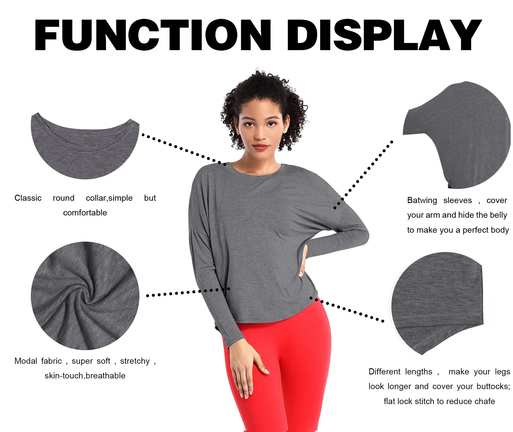 Yoga Batwing Tunic Tops heathercharcoal_yoga